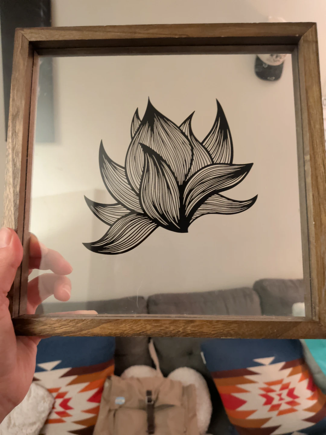 Wooden Framed Glass Art Print with Lotus Design