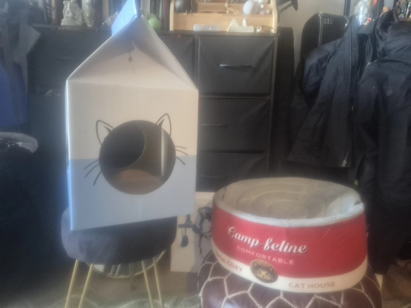 Camp-Feline "Milk Carton" Cat House and Campbell's pet bed