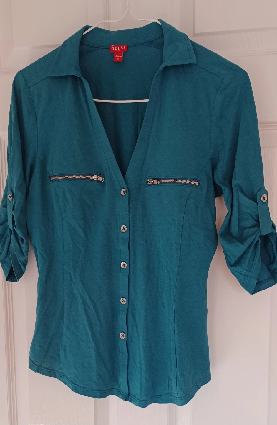 Guess Teal Button-Up Shirt with Zip