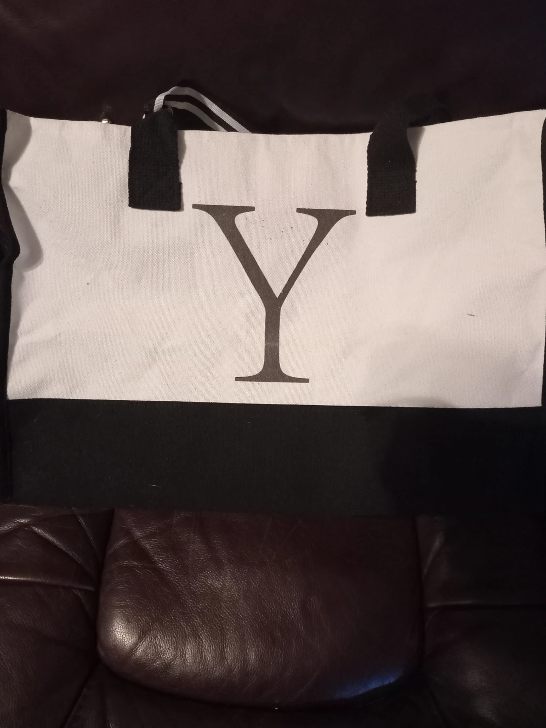White and Black Canvas Tote Bag with 'Y' Logo