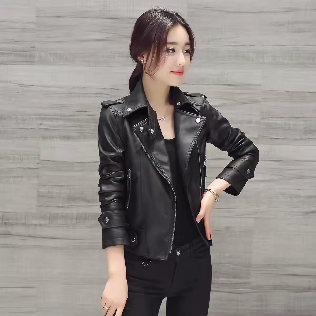 Women's Black Faux Leather Motorcycle Jacket - photo 2