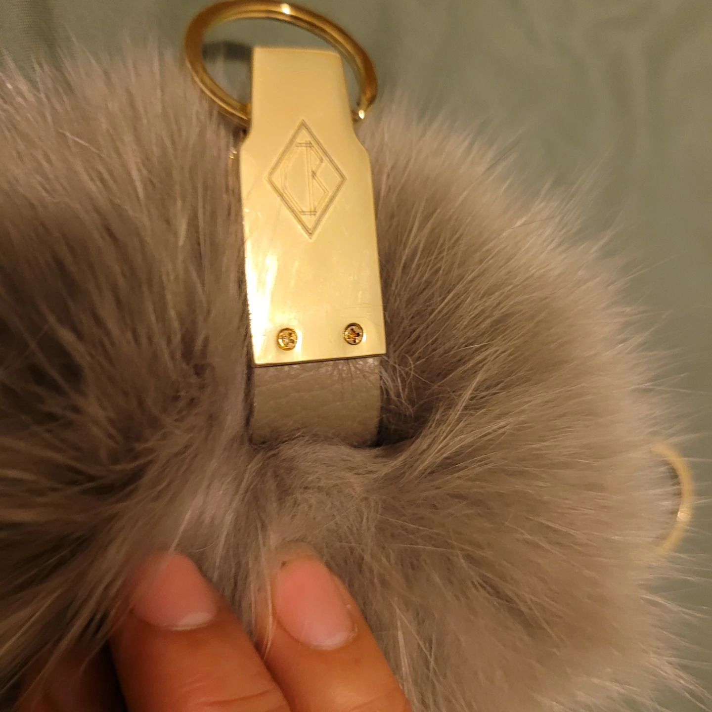 Grey Fur Pom Pom Keychain leather with Gold Hardware