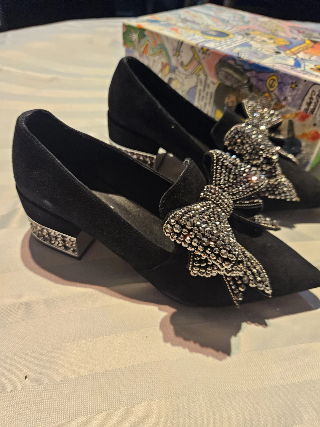 Black Suede Pewter Shoes with Crystal Bows - Size 7 - photo 3