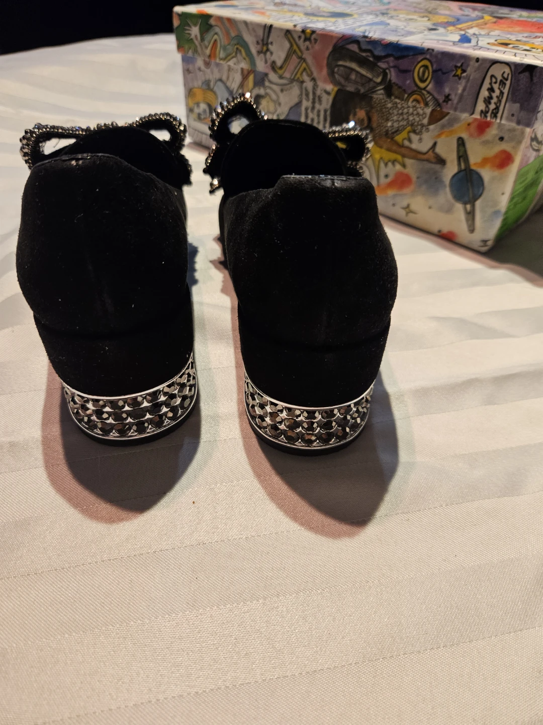 Black Suede Pewter Shoes with Crystal Bows - Size 7 - photo 4
