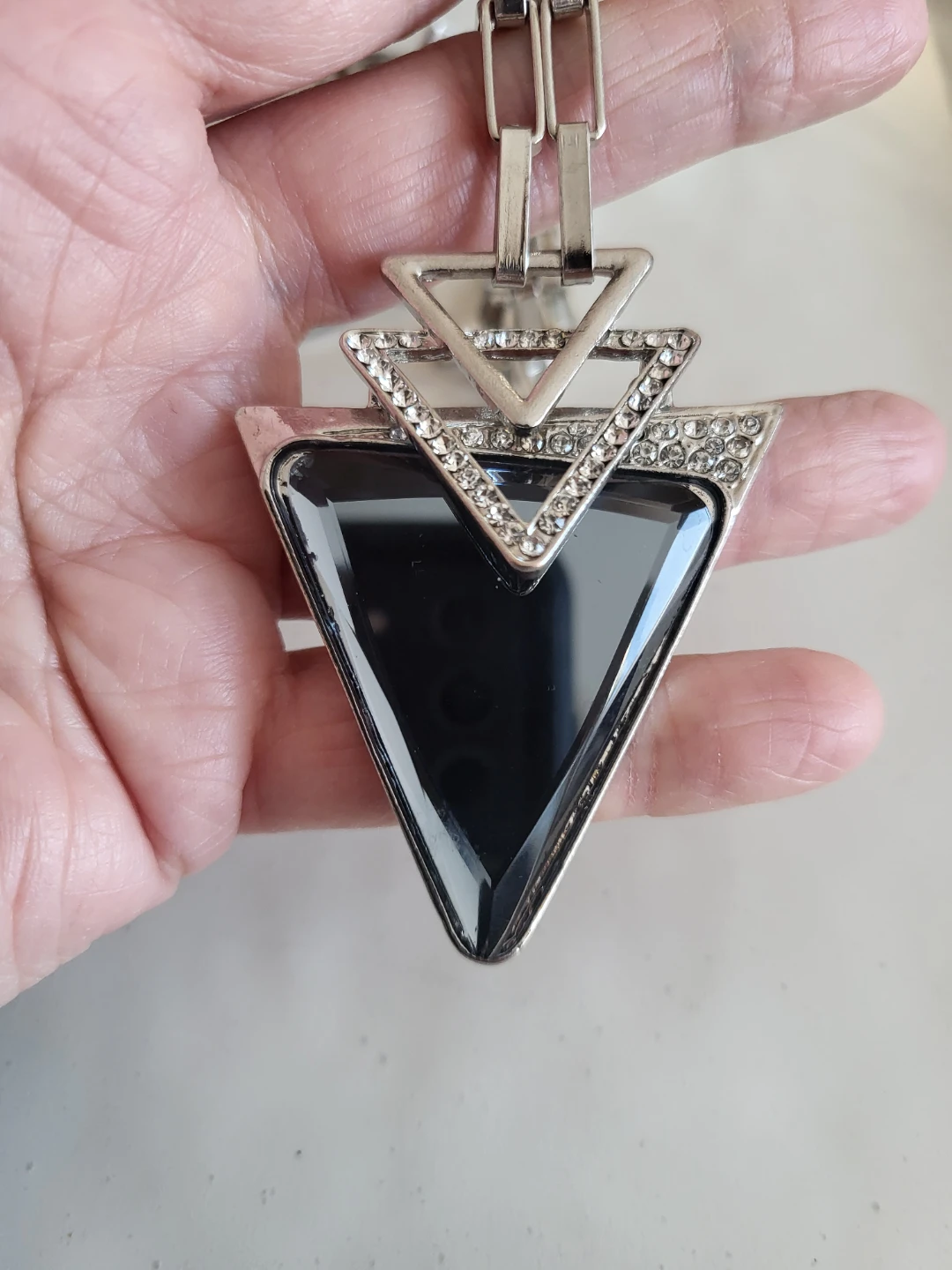 Silver tone geometric necklace with black stone and rhinestones - photo 2