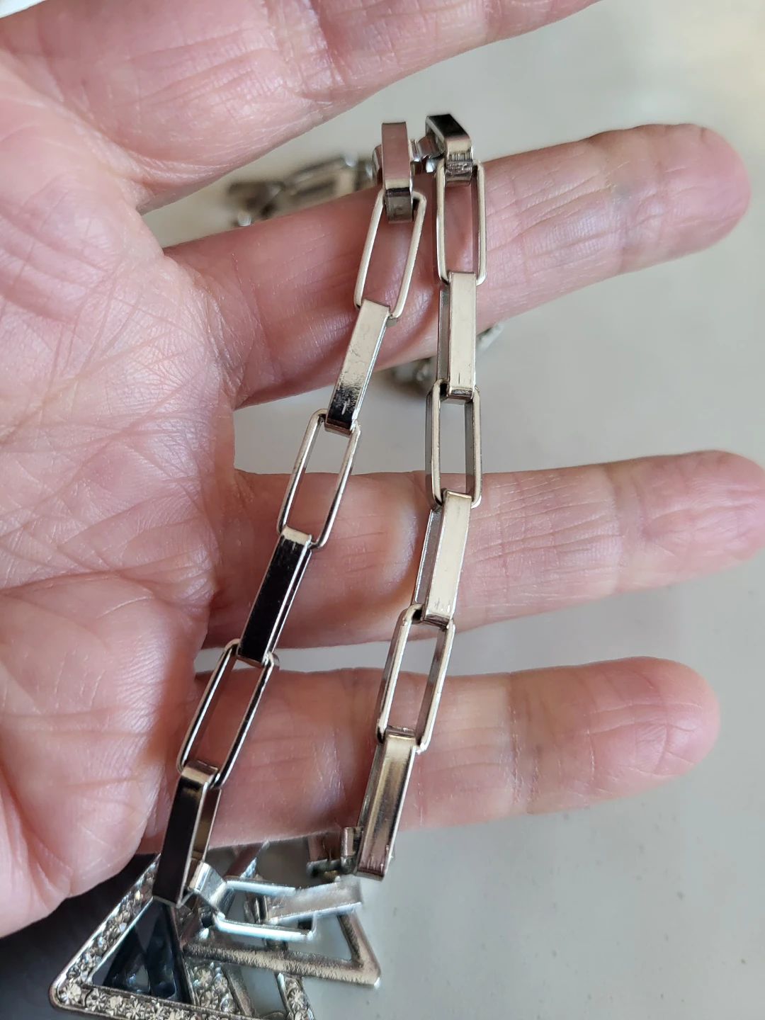 Silver tone geometric necklace with black stone and rhinestones - photo 4