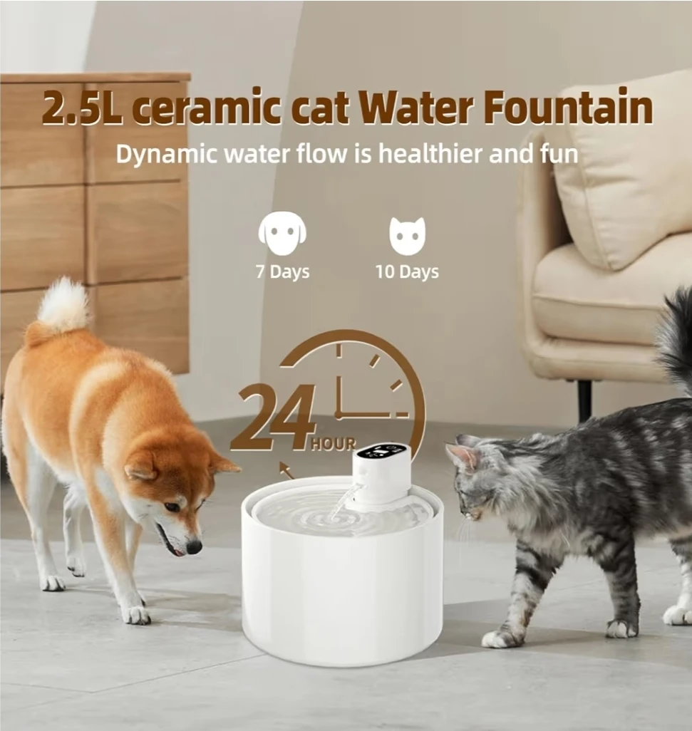 Cordless Ceramic Cat Water Fountain 2.3L Automatic Pet Fountain - photo 4