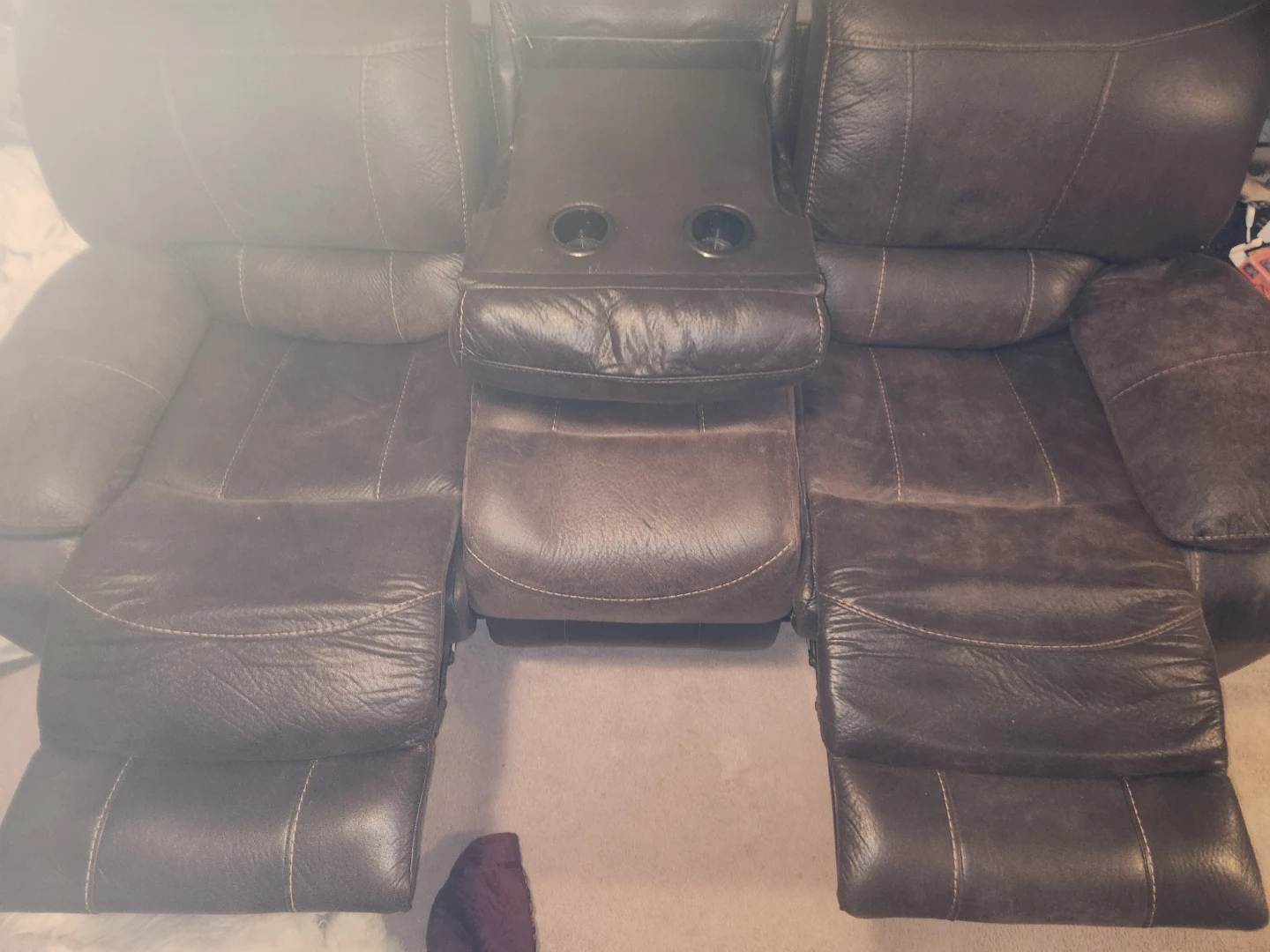 Brown Leather Reclining Sofa with Cup Holders