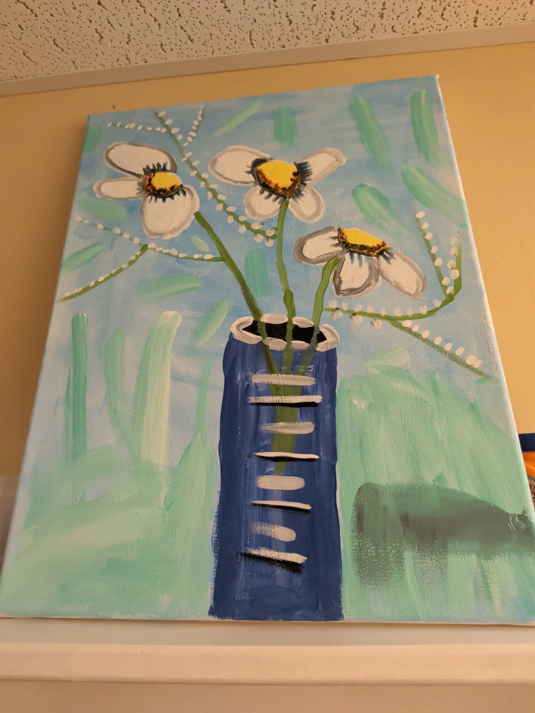 Canvas Painting of Daisies in a Blue Vase