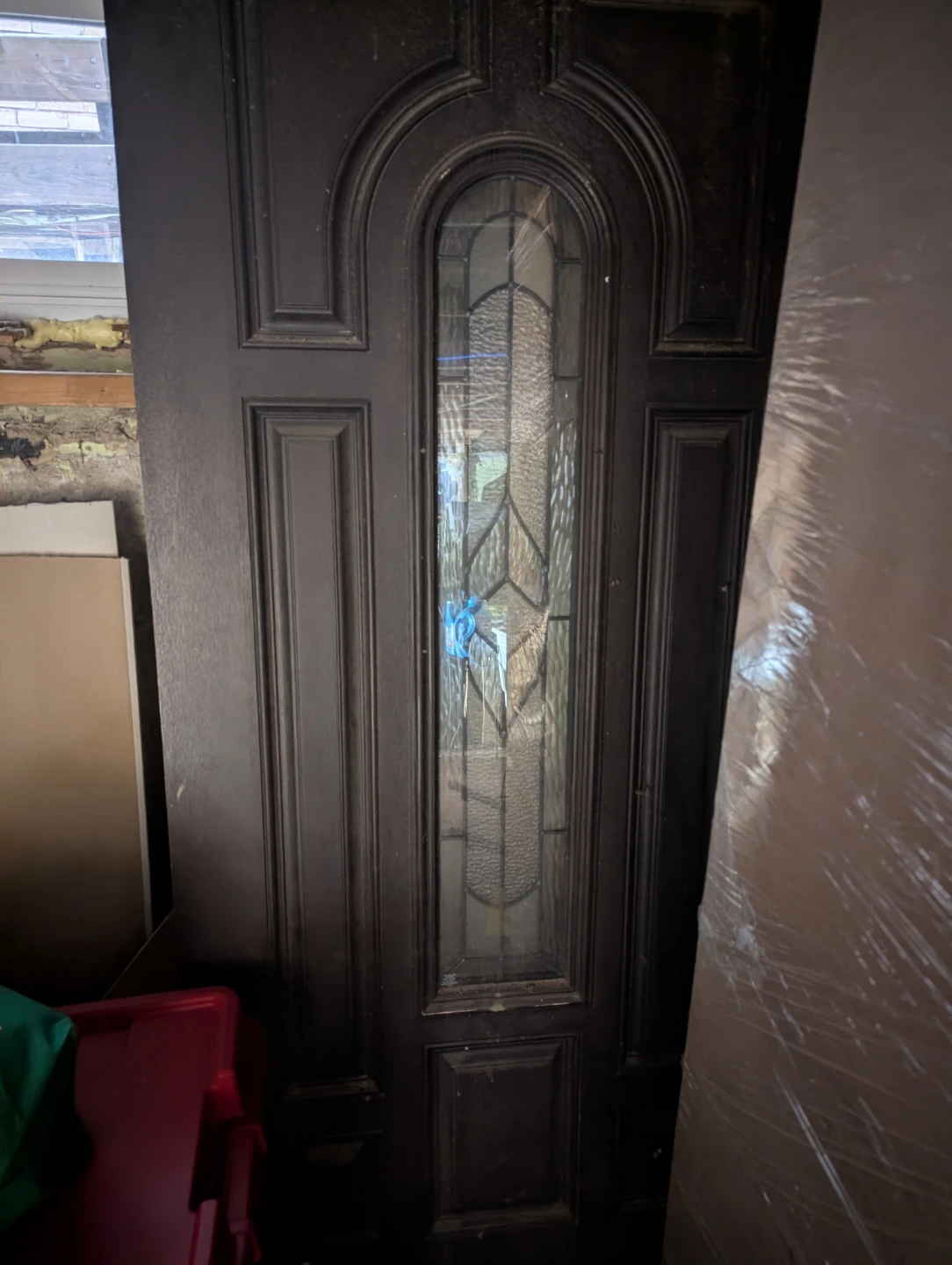 Dark Brown Entry Door with Stained Glass Accent
