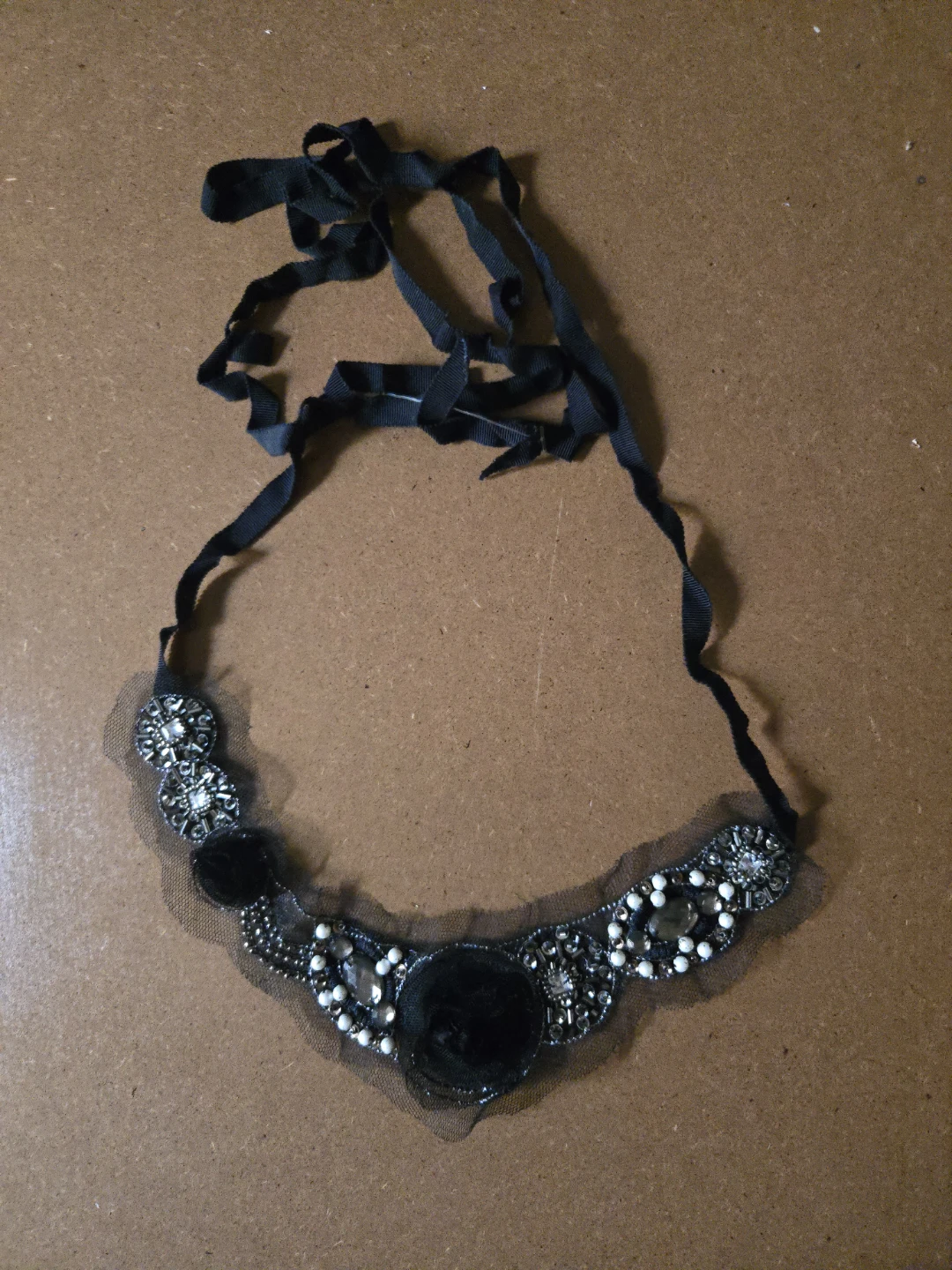 Black Beaded Headband with Ribbon Ties