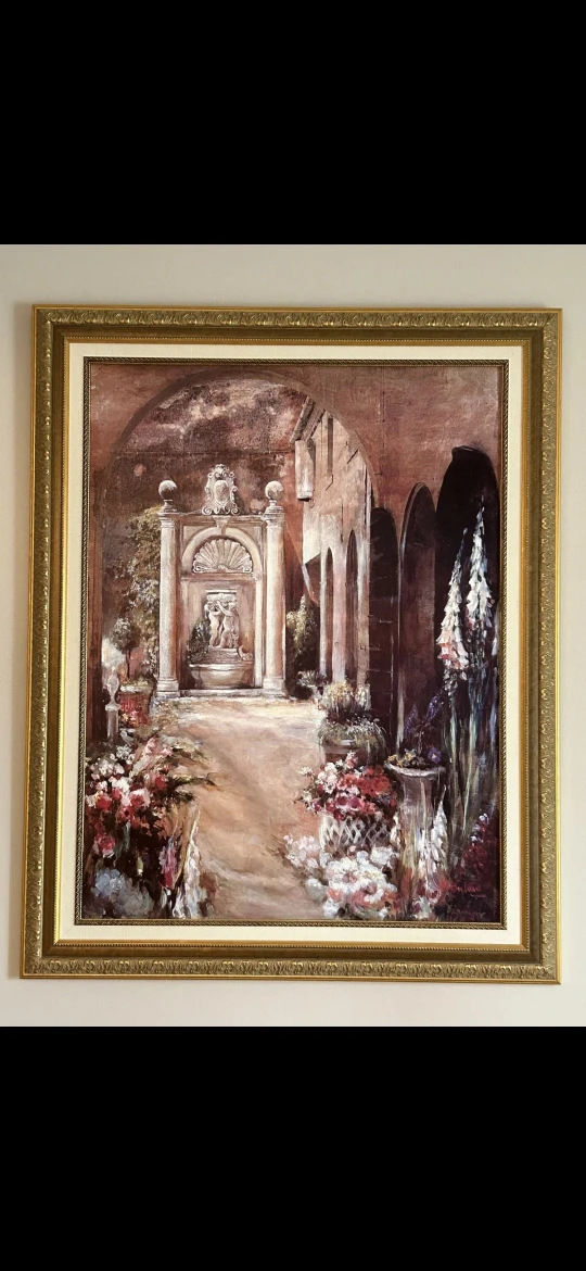 Framed Painting of Italian Courtyard with Fountain and Flowers