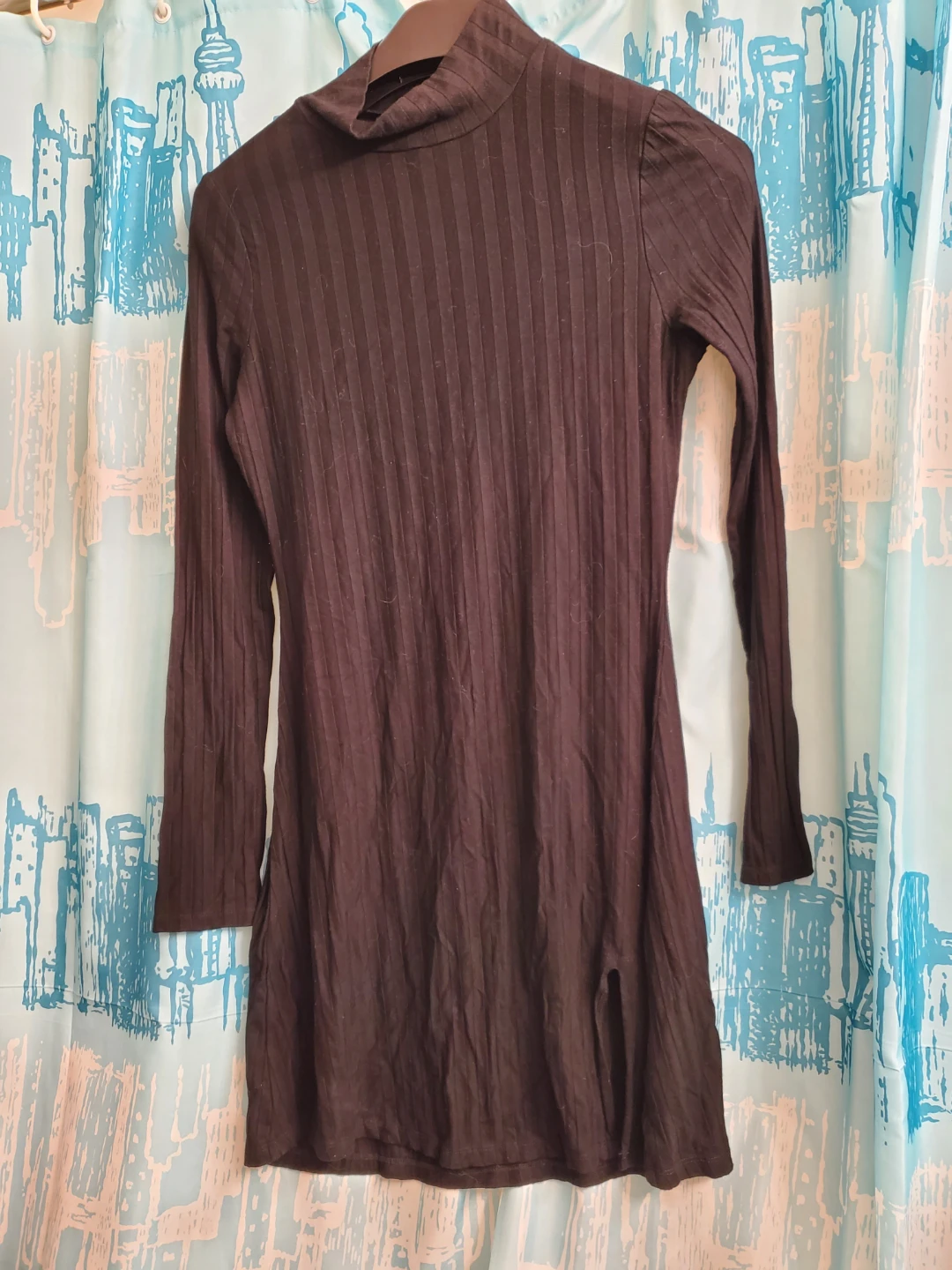 Black Ribbed Turtleneck Mini Dress