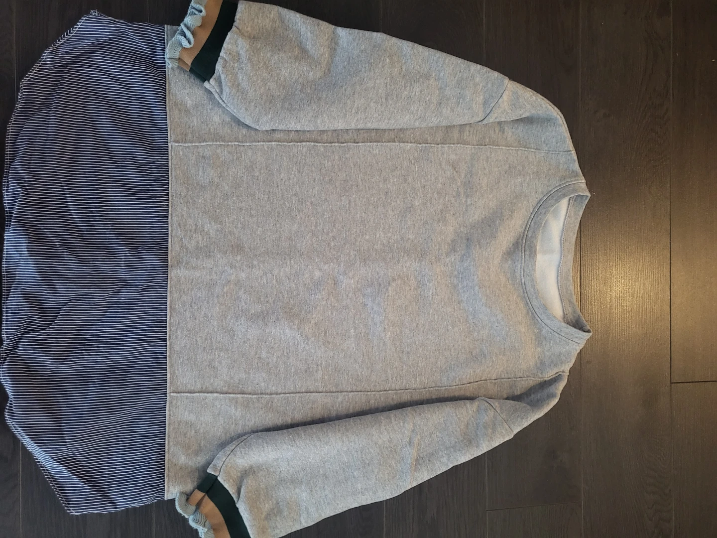 Grey Pullover Sweatshirt with Striped Ruffle Cuffs from Korea