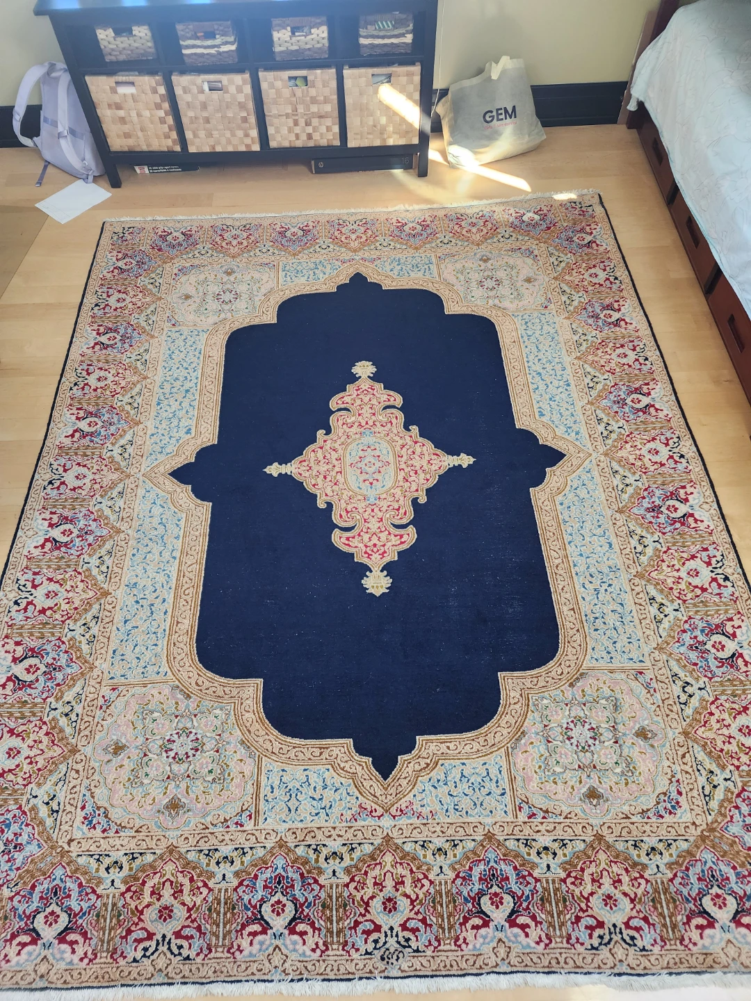 Silk Persian Area Rug - Navy Blue with Intricate Pattern