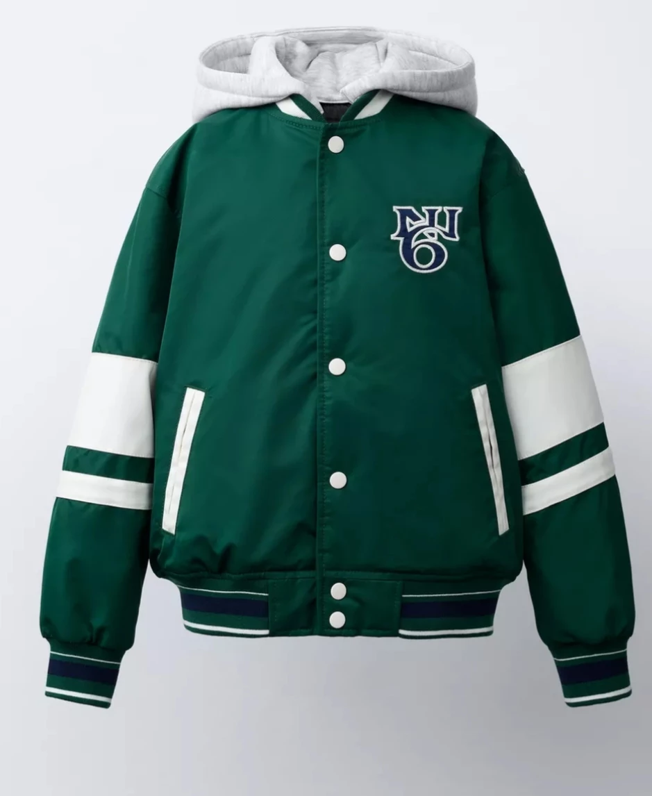 Zara Green 'New York' Varsity Bomber Jacket with Grey Hoodie
