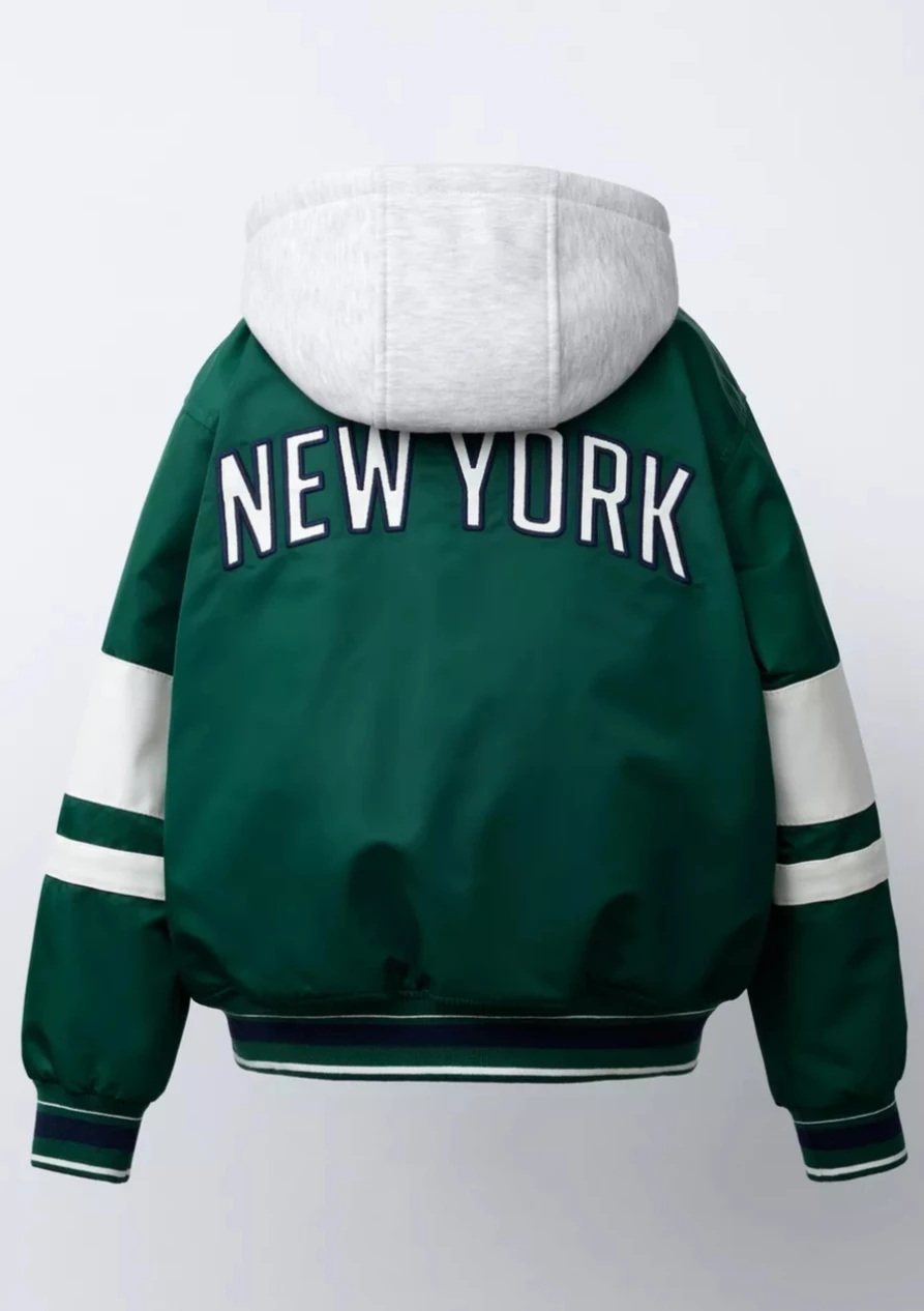 Zara Green 'New York' Varsity Bomber Jacket with Grey Hoodie - photo 5