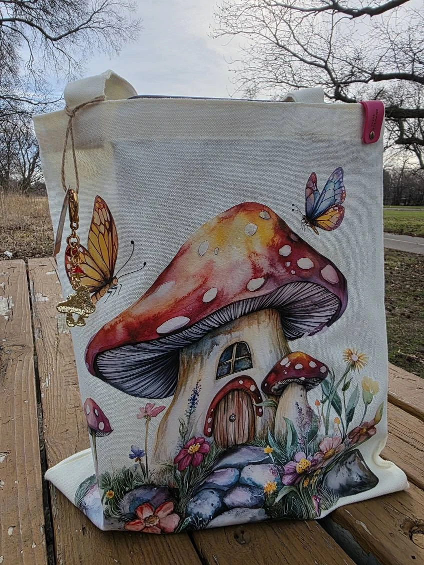 Mooshie Totes Canvas Tote Bag with Mushroom & Butterfly Design - photo 3