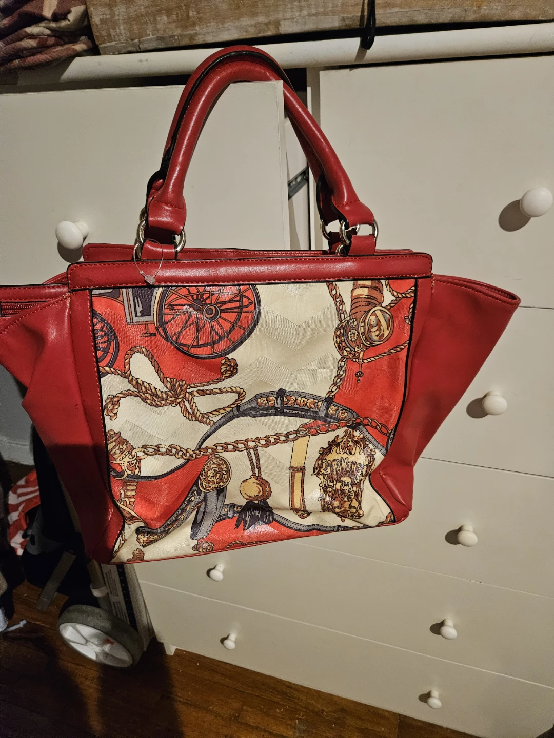 Red Tote Handbag with Chain and Horse Print - photo 2