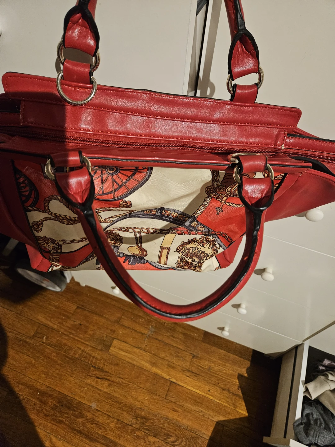 Red Tote Handbag with Chain and Horse Print - photo 3