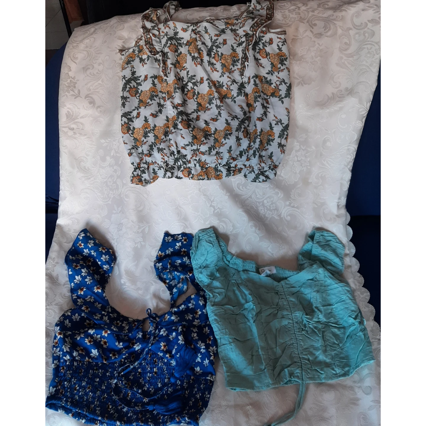 3 Women's Crop Tops Bundle (Blue Floral, Teal, Floral Print)