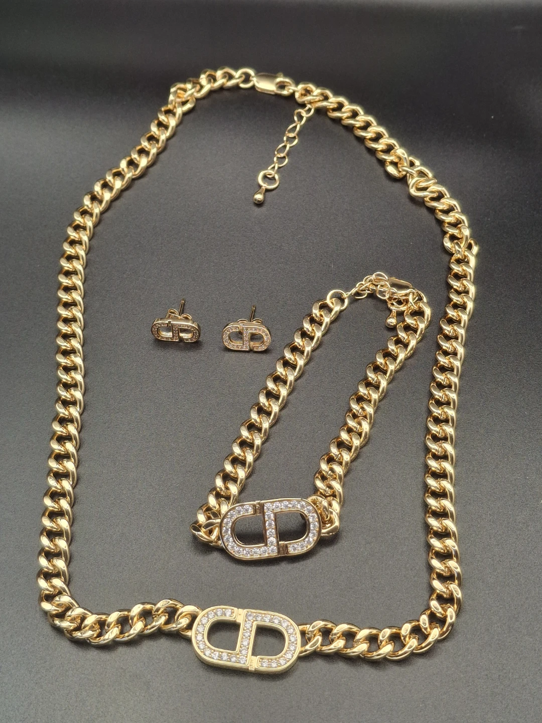CD Logo Rhinestone Jewelry Set - Necklace, Bracelet & Earrings
