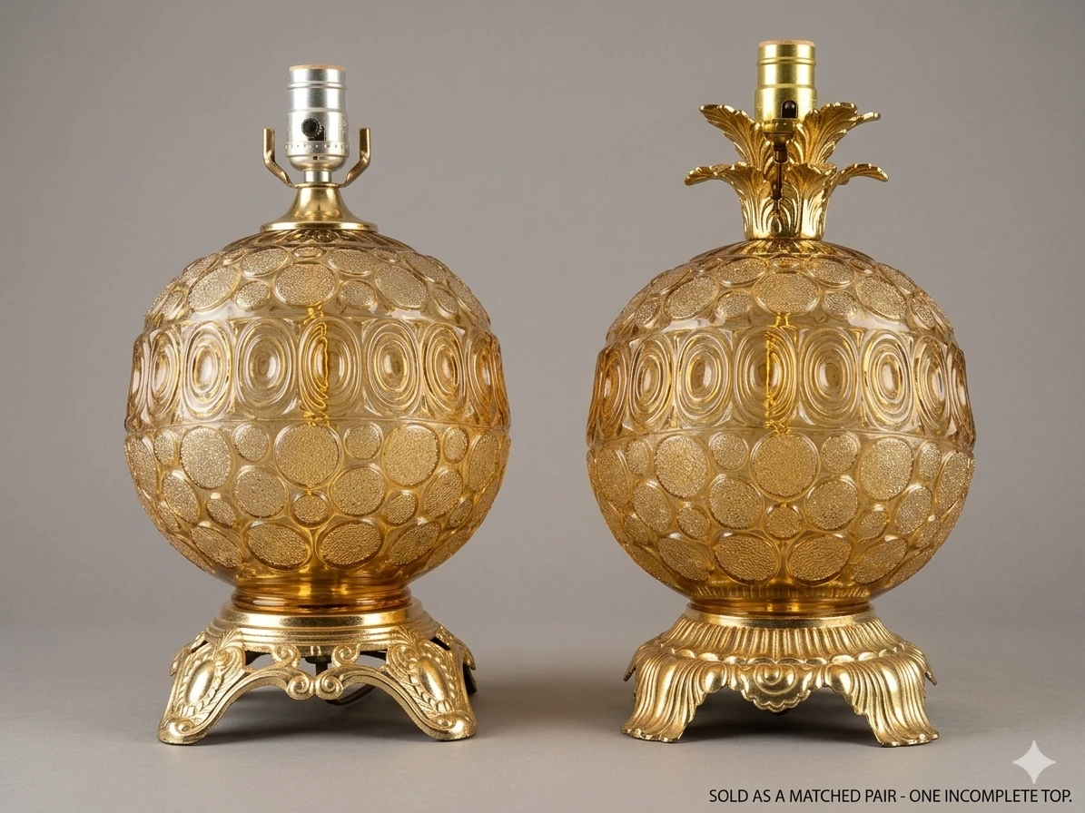 1960 Pair of Amber Glass Table Lamps