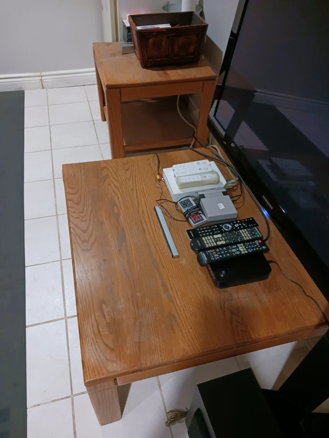 2 wooden tables, coffee and end
