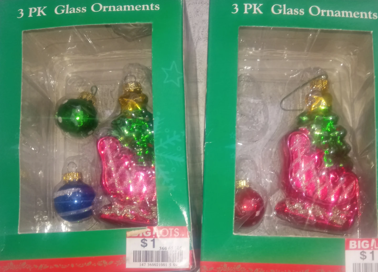 Big Lots 3 PK Glass Christmas Ornaments - Sleigh & Tree