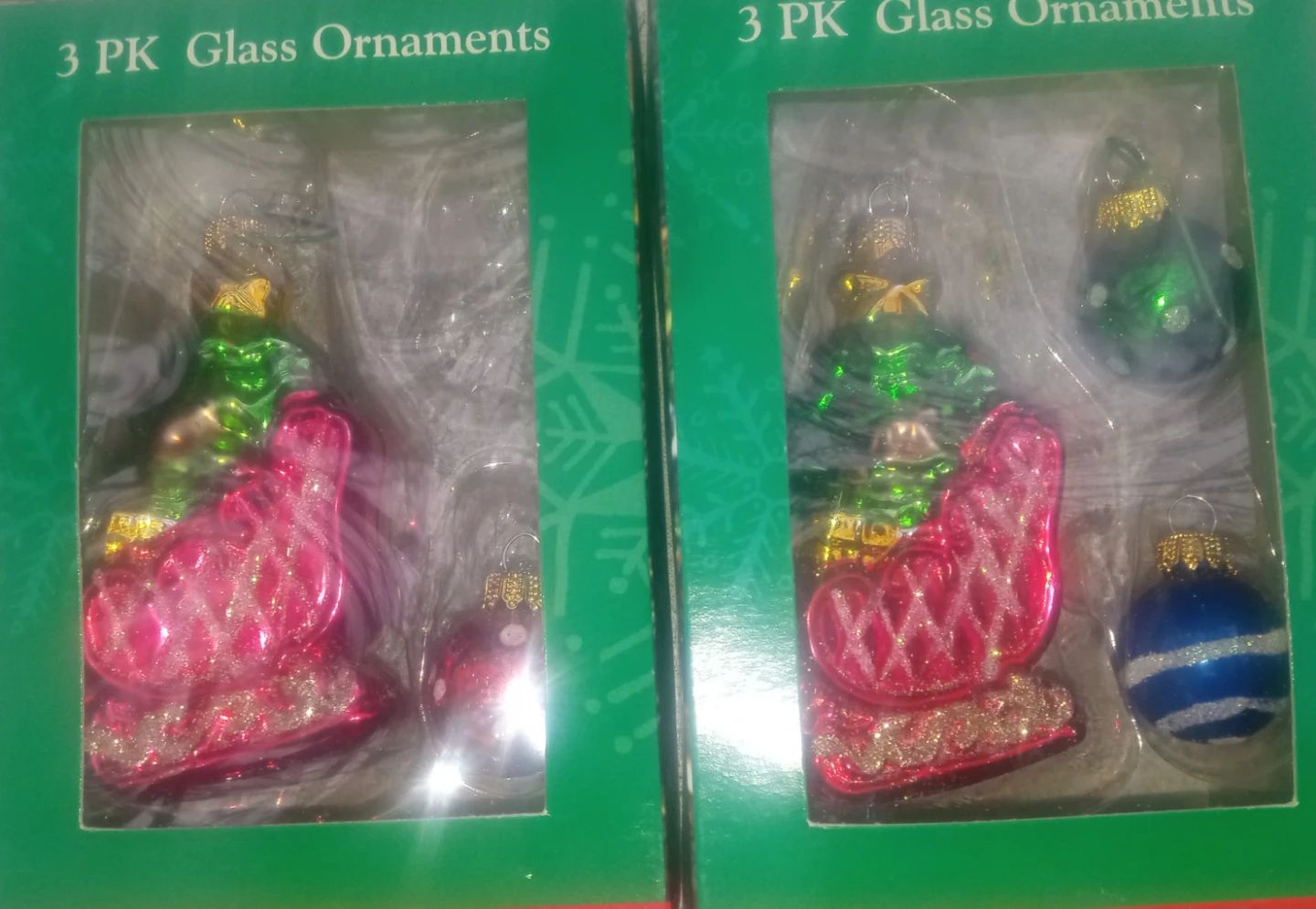 Big Lots 3 PK Glass Christmas Ornaments - Sleigh & Tree - photo 2