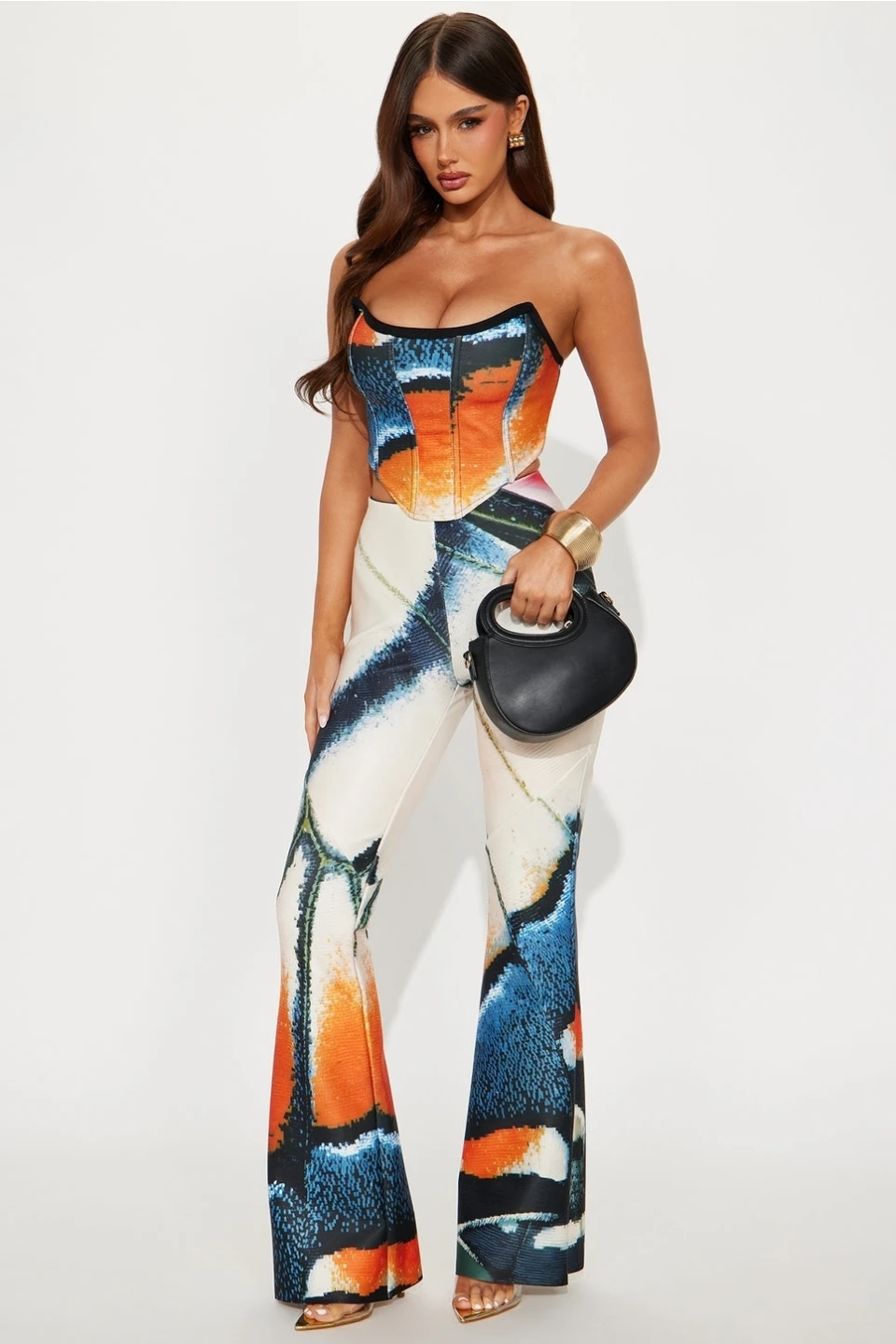 Printed Bustier  and Flare bandage Pants Set