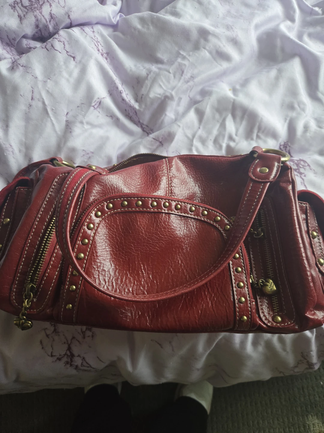 Red Studded Shoulder Handbag