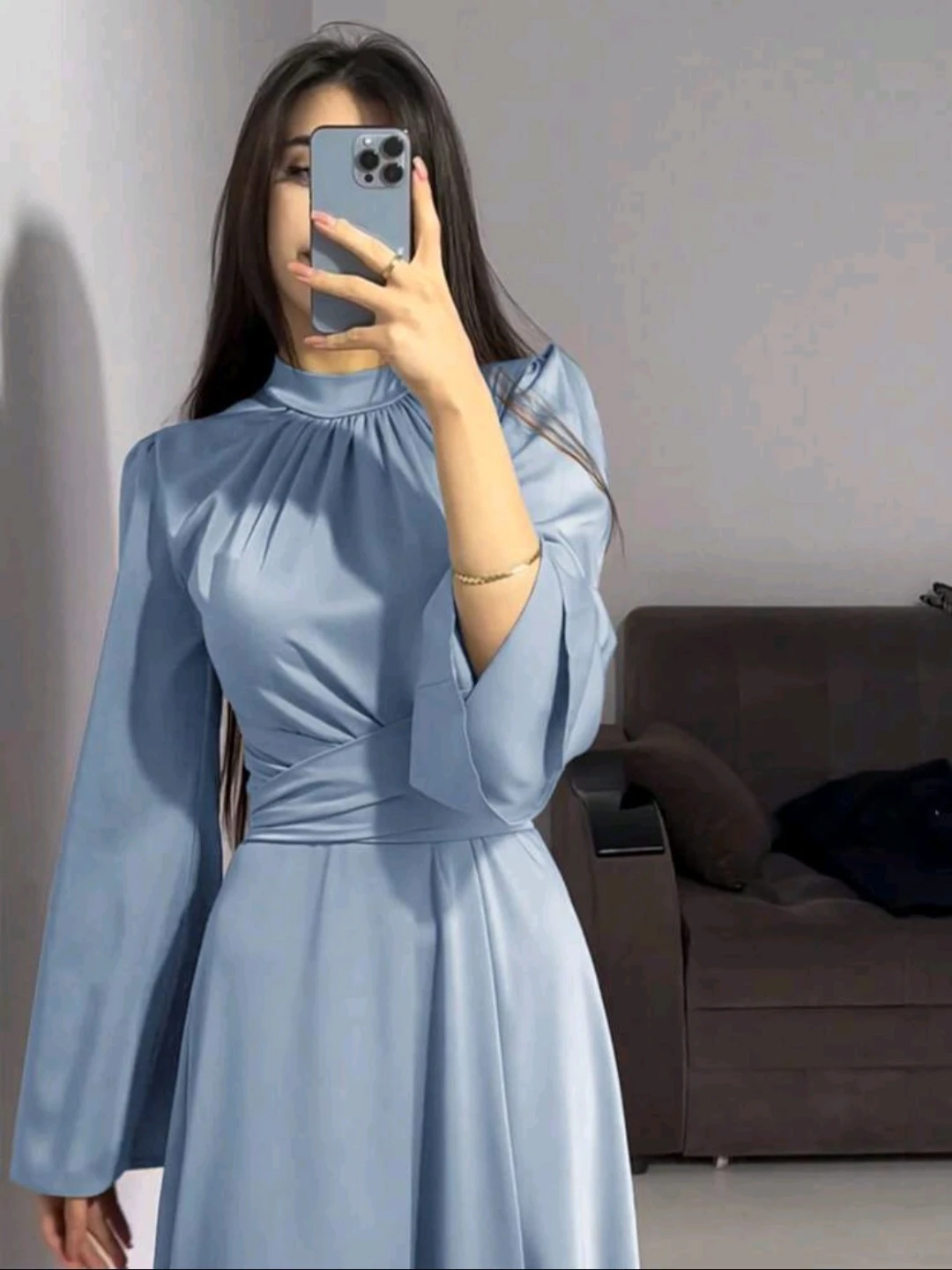 Women's Blue Long Sleeve Satin Dress - photo 3