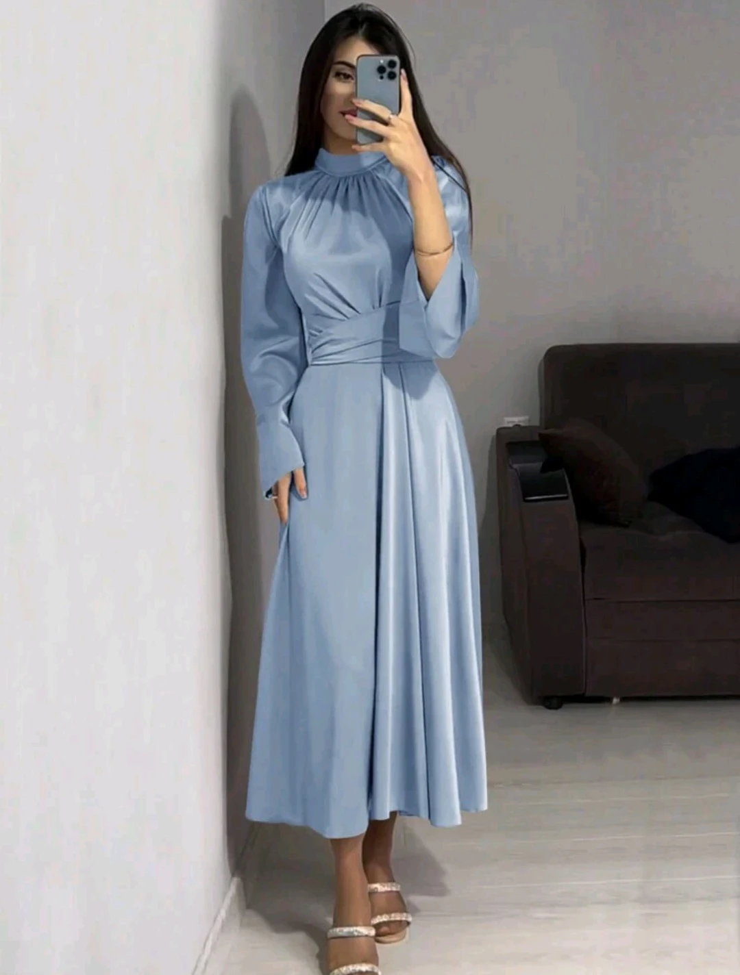 Women's Blue Long Sleeve Satin Dress - photo 4