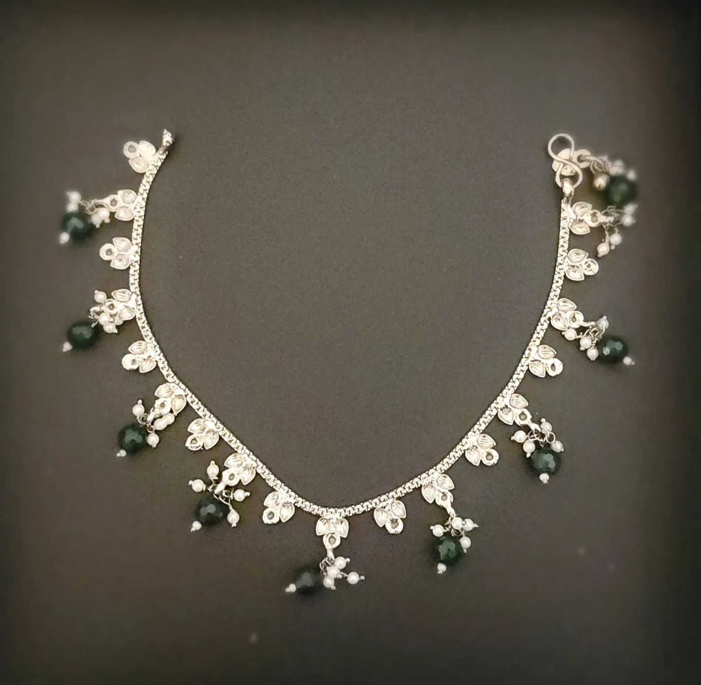Silver-toned hair accessories Green Beads and White Pearls