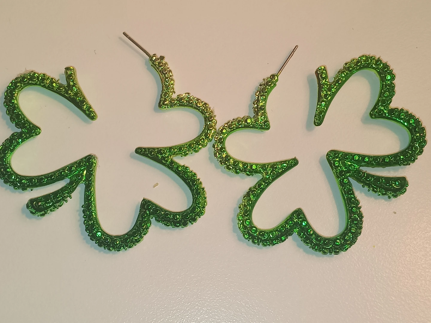 Green Shamrock Hoop Earrings with Rhinestones
