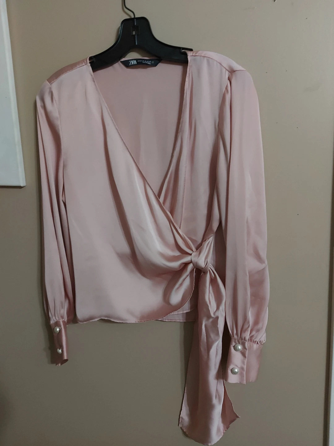 Zara Pink Satin Wrap Top with Pearl Buttons