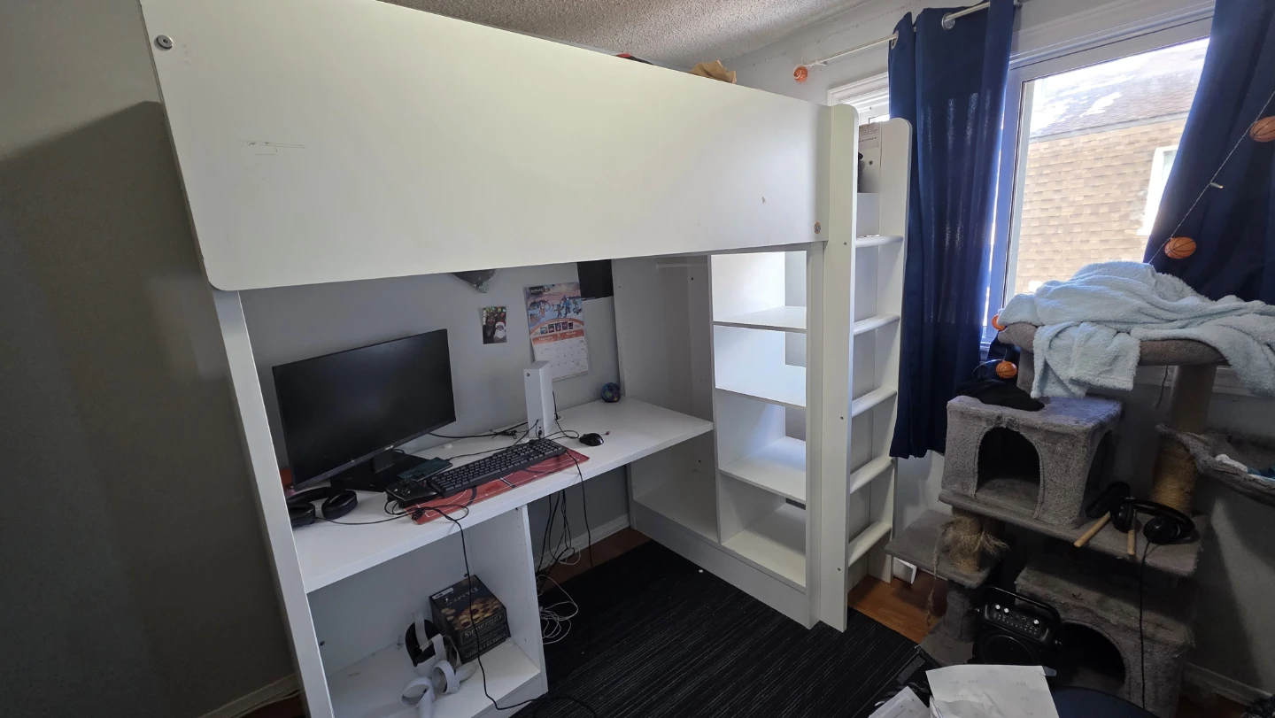 White Loft Bed with Desk and Shelves