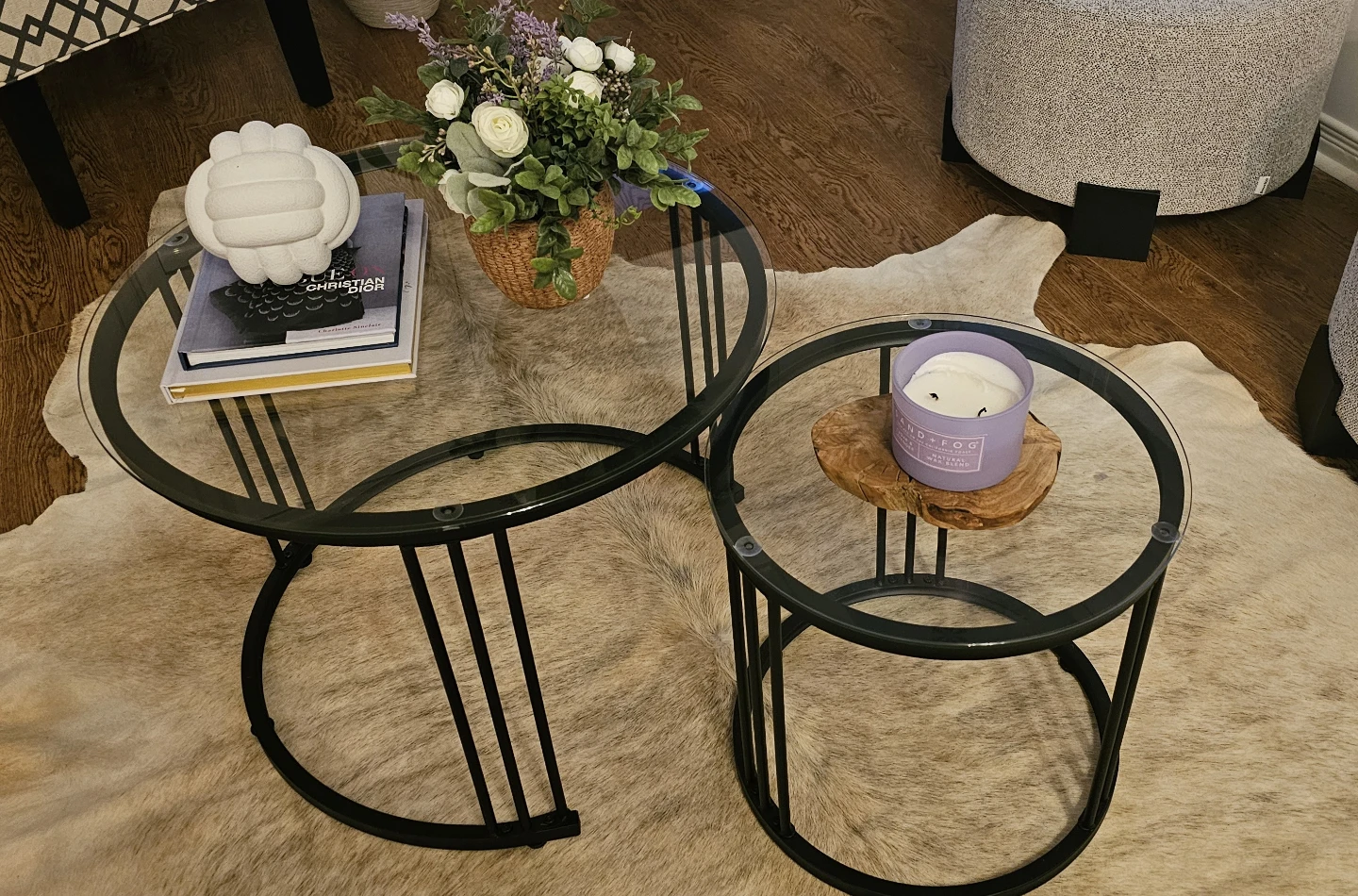 Set of 2 Round Glass Top Side Tables
