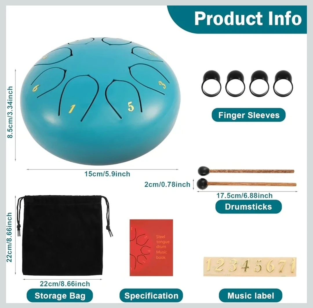 Steel Tongue Drum 6” 8 Note Hand Pan Tank Drum Meditation Kit - photo 5