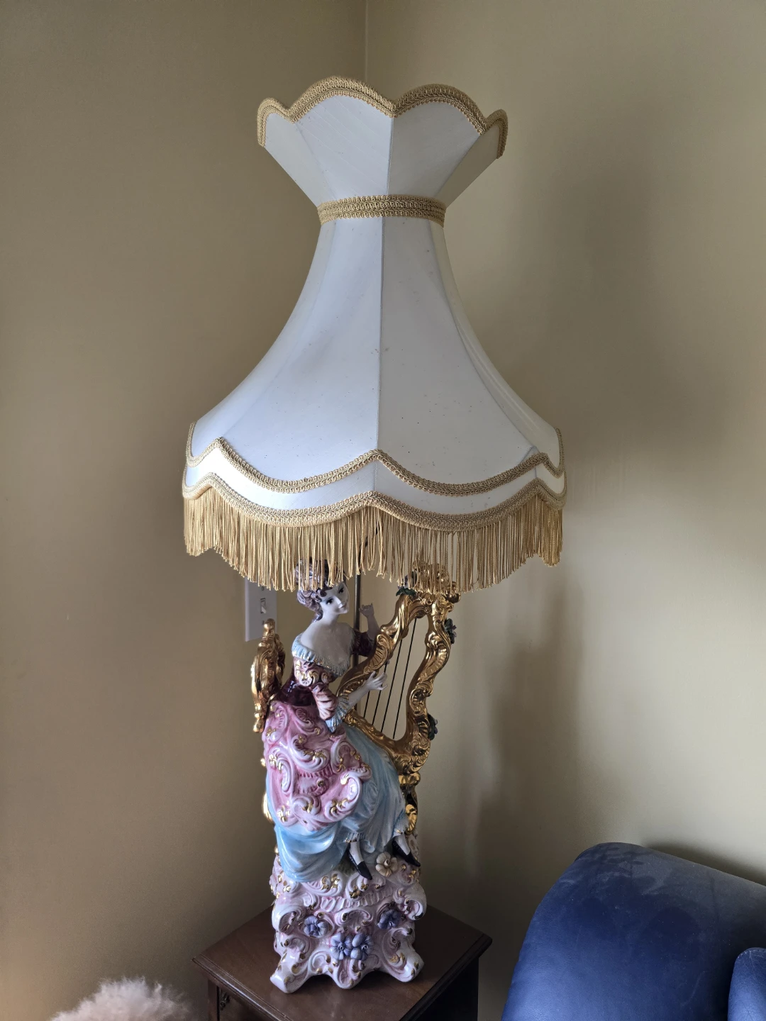 Porcelain Figurine Lamp with Harp Player and Fringed Shade