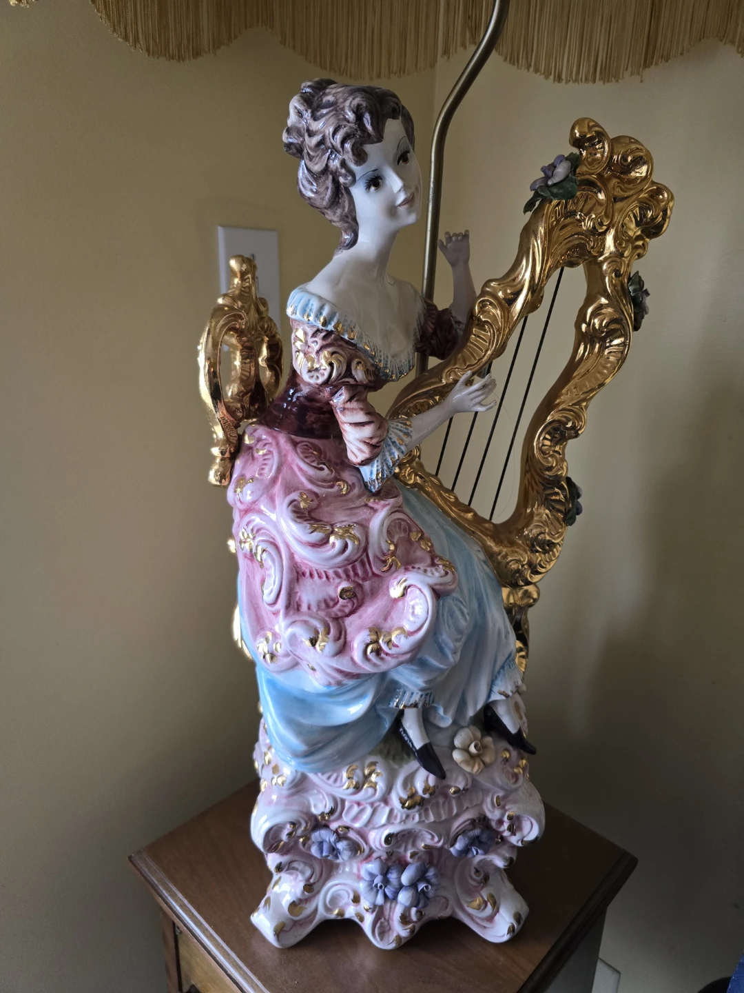 Porcelain Figurine Lamp with Harp Player and Fringed Shade - photo 3
