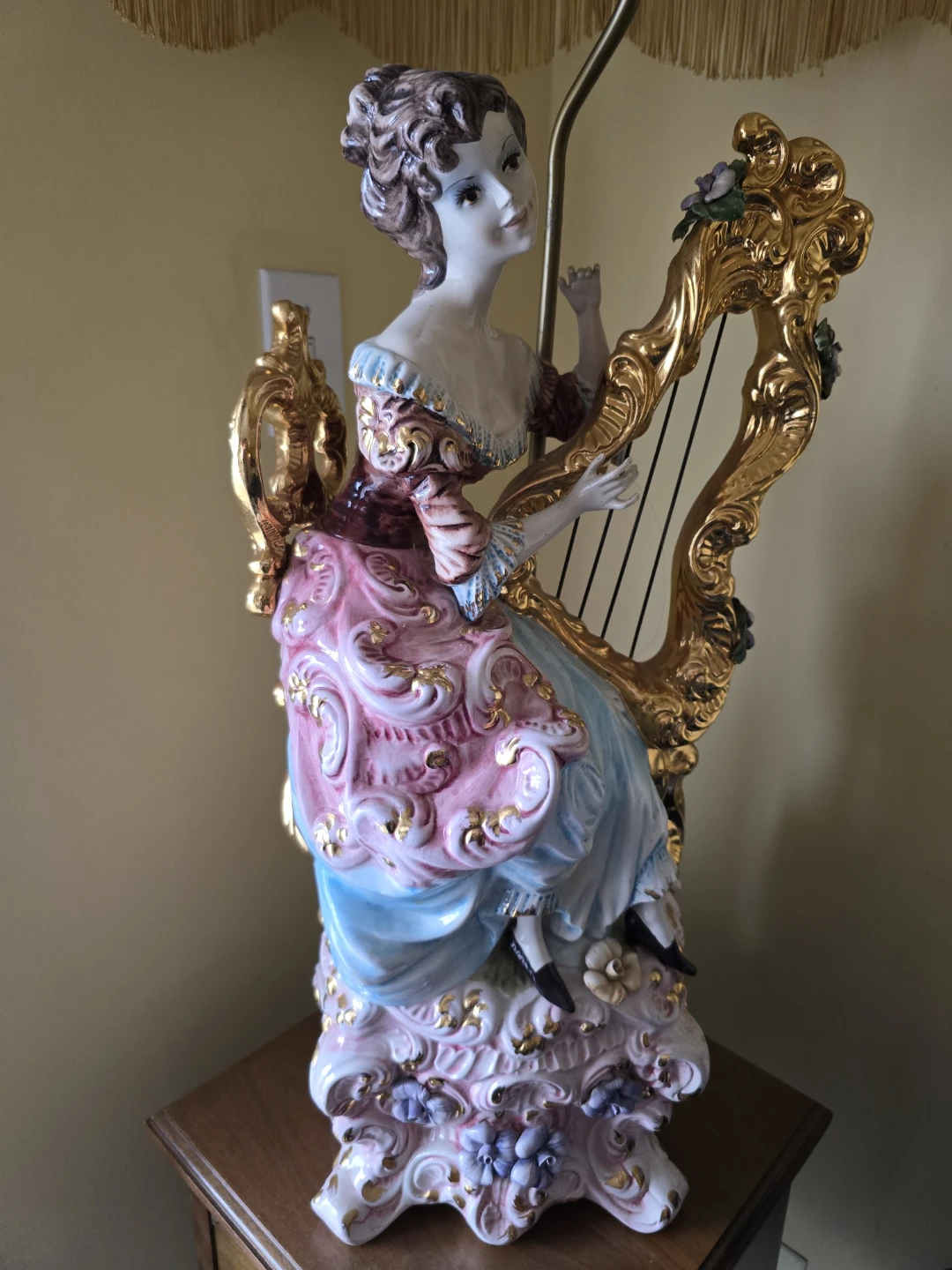 Porcelain Figurine Lamp with Harp Player and Fringed Shade - photo 4