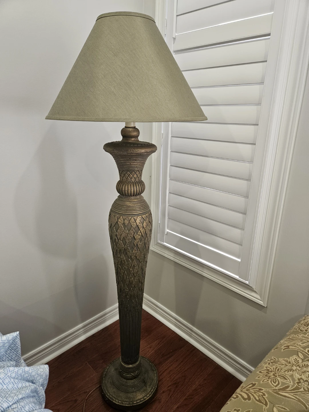Vintage Floor Lamp with Decorative Base and Tan Shade