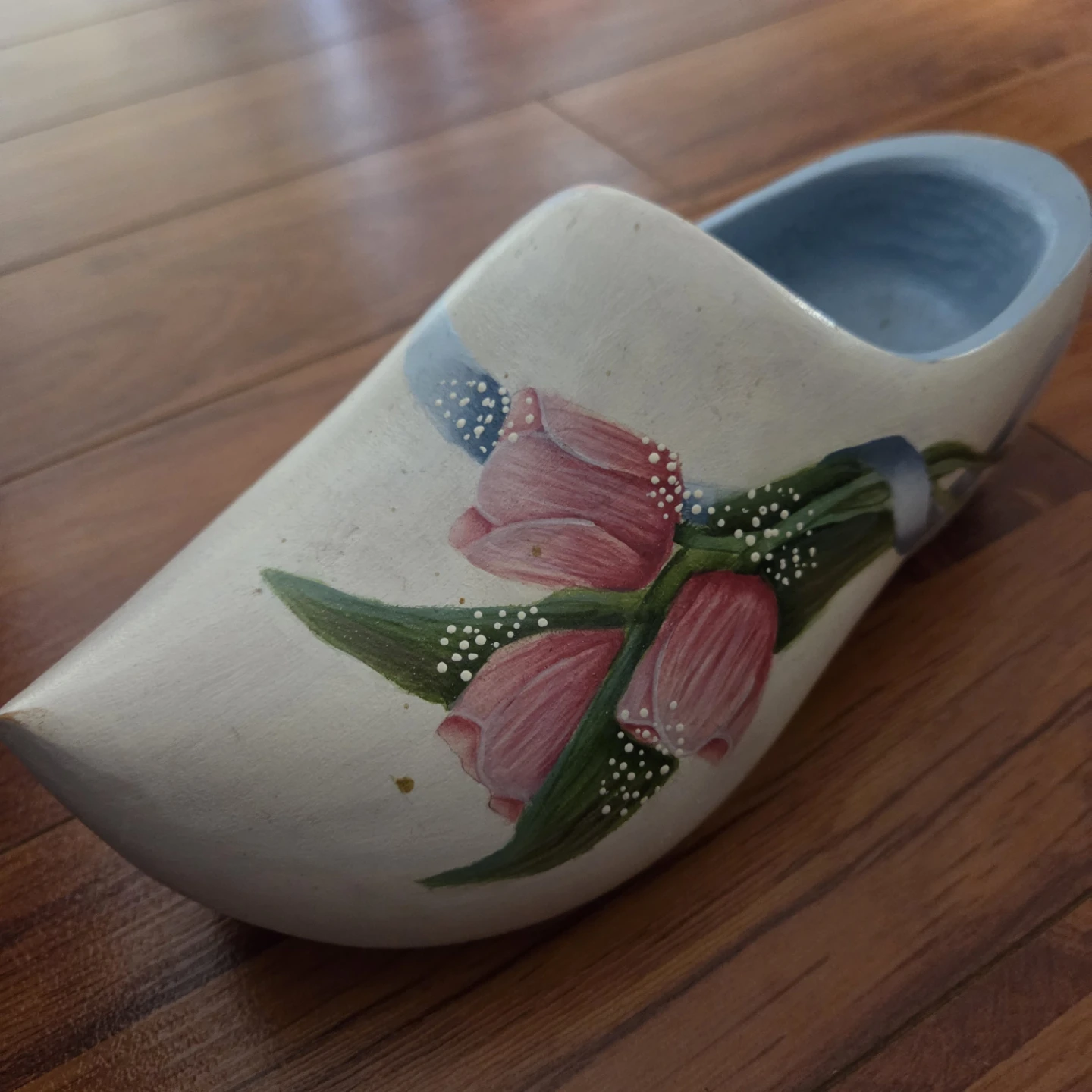 Hand-Painted Wooden Shoe Planter with Tulips