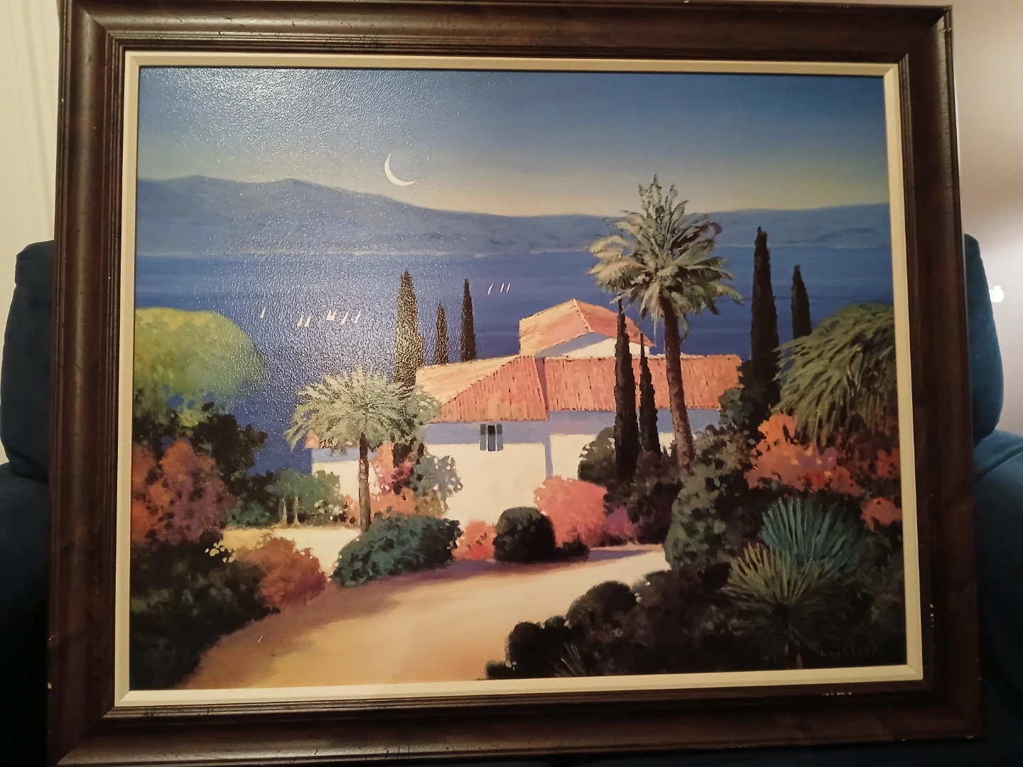 A stylized Mediterranean coastal scene.