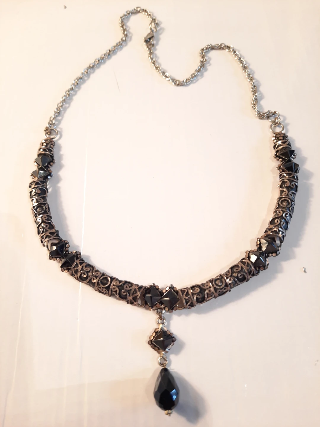 Silver-plate Necklace with Black Pendants