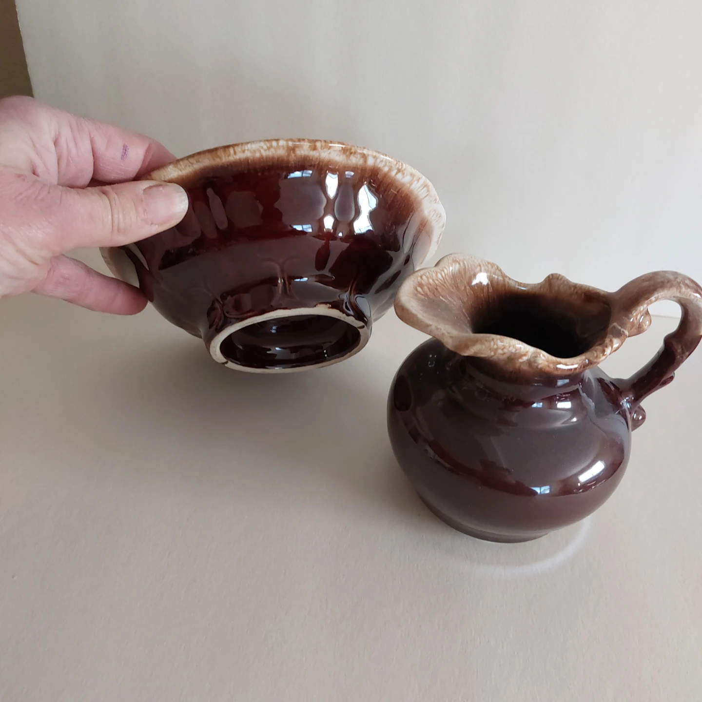 Vintage Brown Ceramic Pitcher and Bowl Set - photo 2