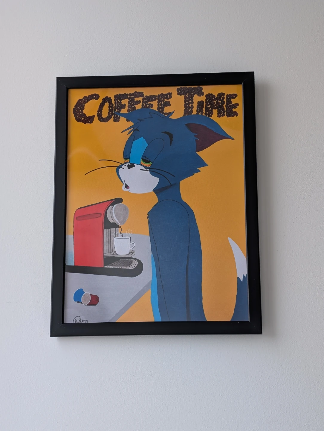 Framed tired Cat needs Coffee Time, 34x44cm frame included