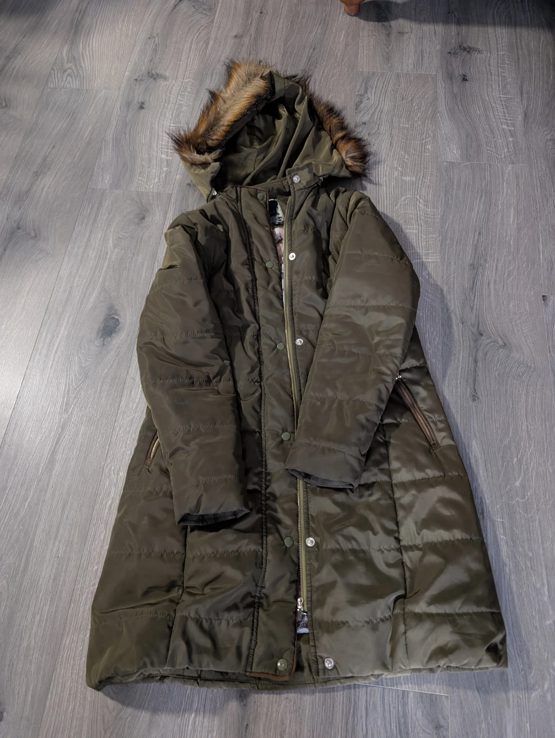 Olive Green Puffer Coat with Faux Fur Hood - photo 2